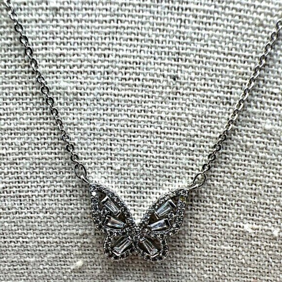 Elegant Butterfly Pendant Necklace With Rhinestones On Silver Tone Chain.  B62 - Picture 1 of 9